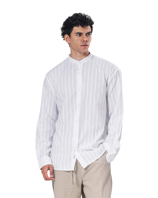 Striped Mandarin Collar Linen Blend Shirt - White
