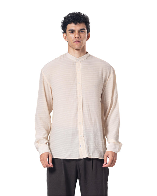 Textured Mandarin Collar Linen Blend Shirt - Beige