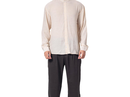 Textured Mandarin Collar Linen Blend Shirt - Beige