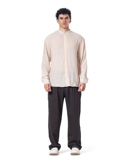 Textured Mandarin Collar Linen Blend Shirt - Beige
