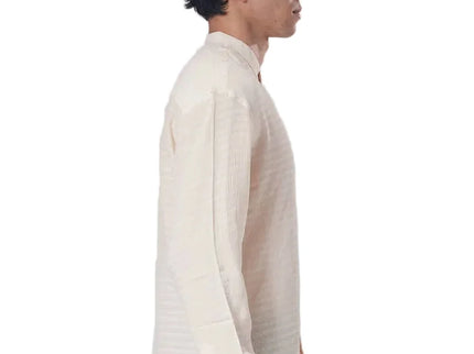 Textured Mandarin Collar Linen Blend Shirt - Beige