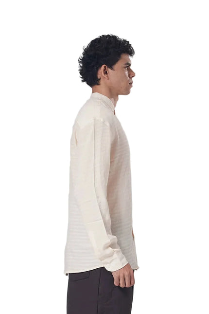 Textured Mandarin Collar Linen Blend Shirt