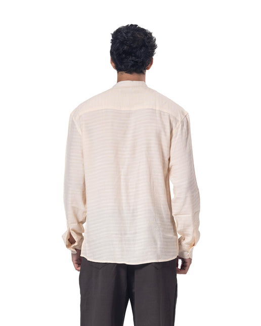 Textured Mandarin Collar Linen Blend Shirt - Beige