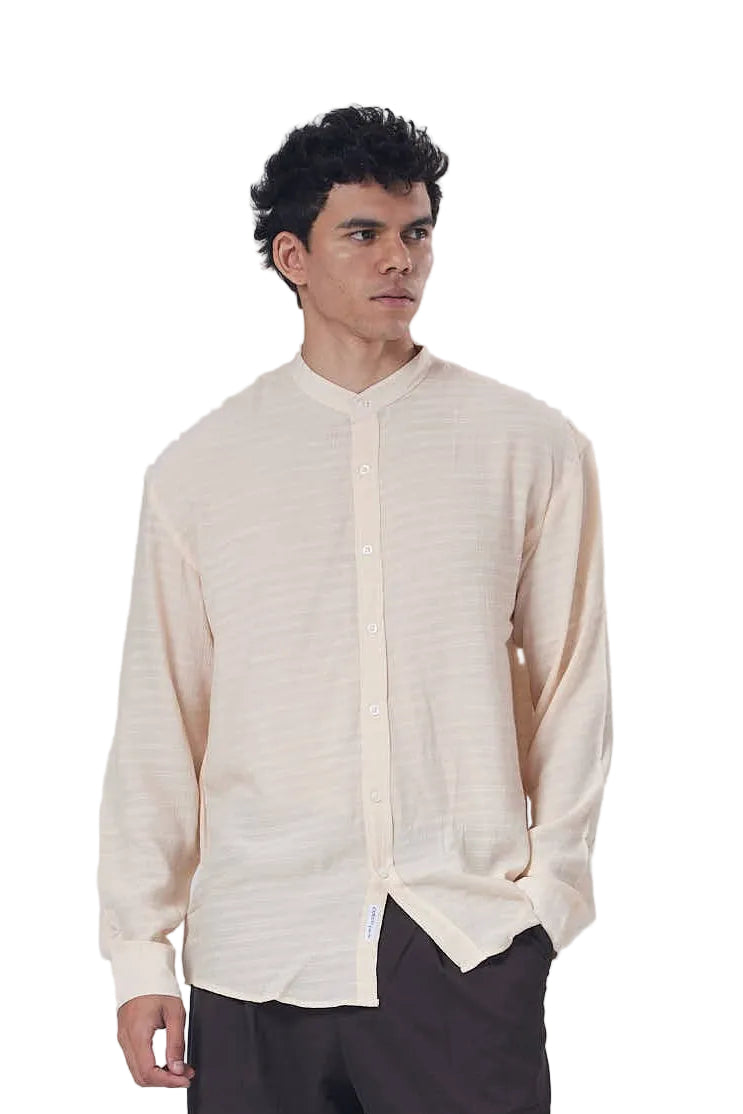 Textured Mandarin Collar Linen Blend Shirt