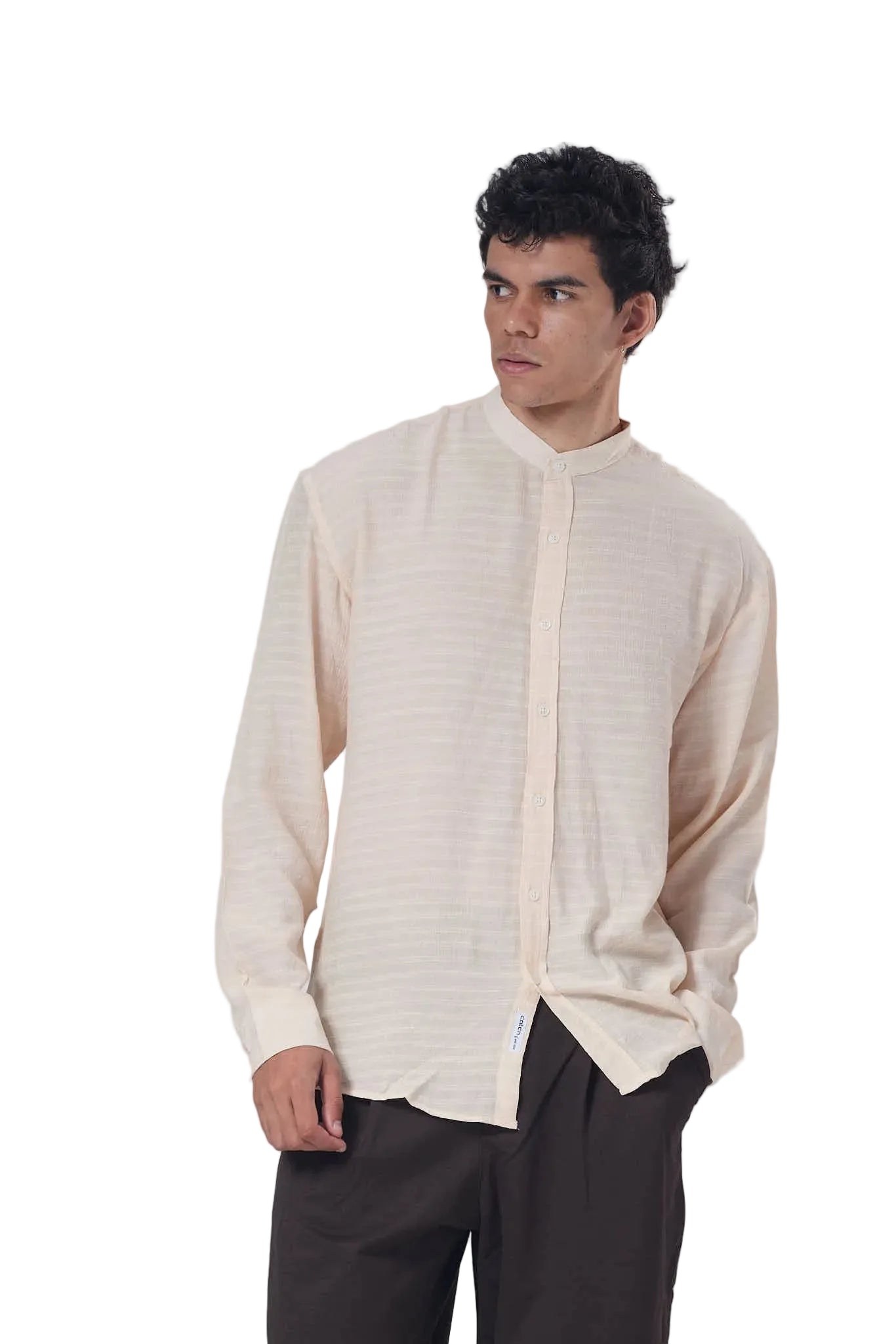 Textured Mandarin Collar Linen Blend Shirt