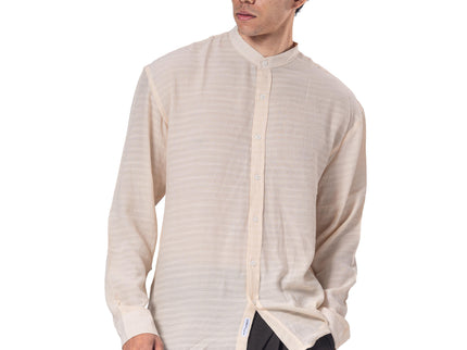 Textured Mandarin Collar Linen Blend Shirt - Beige