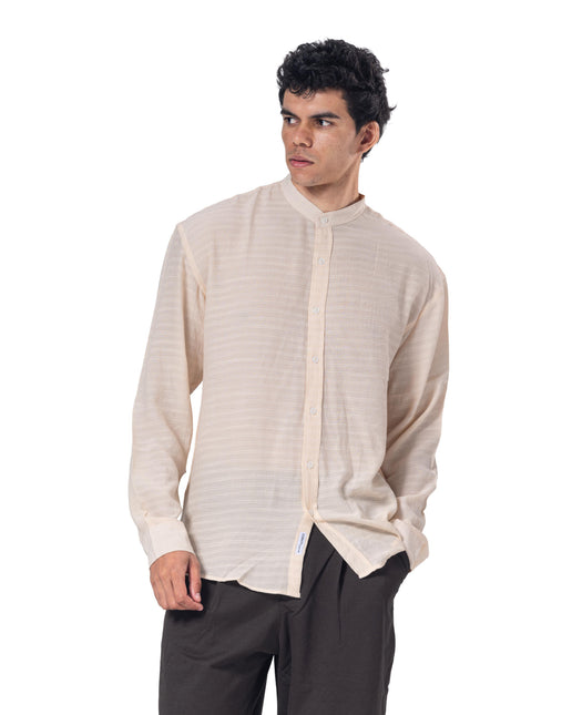 Textured Mandarin Collar Linen Blend Shirt - Beige