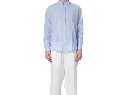 Textured Mandarin Collar Linen Blend Shirt - Baby Blue