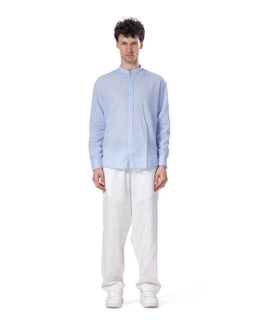 Textured Mandarin Collar Linen Blend Shirt - Baby Blue