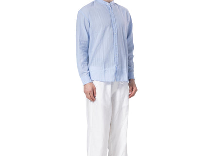 Textured Mandarin Collar Linen Blend Shirt - Baby Blue