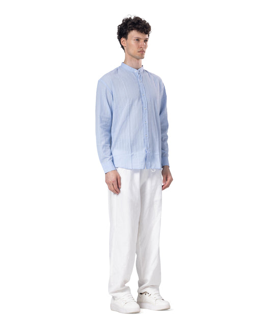 Textured Mandarin Collar Linen Blend Shirt - Baby Blue