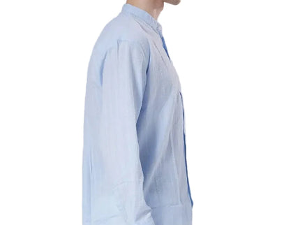 Textured Mandarin Collar Linen Blend Shirt - Baby Blue