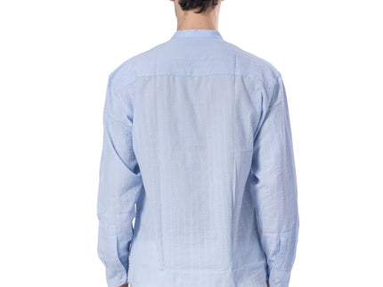 Textured Mandarin Collar Linen Blend Shirt - Baby Blue