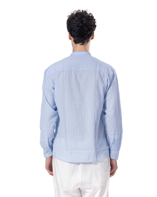 Textured Mandarin Collar Linen Blend Shirt - Baby Blue