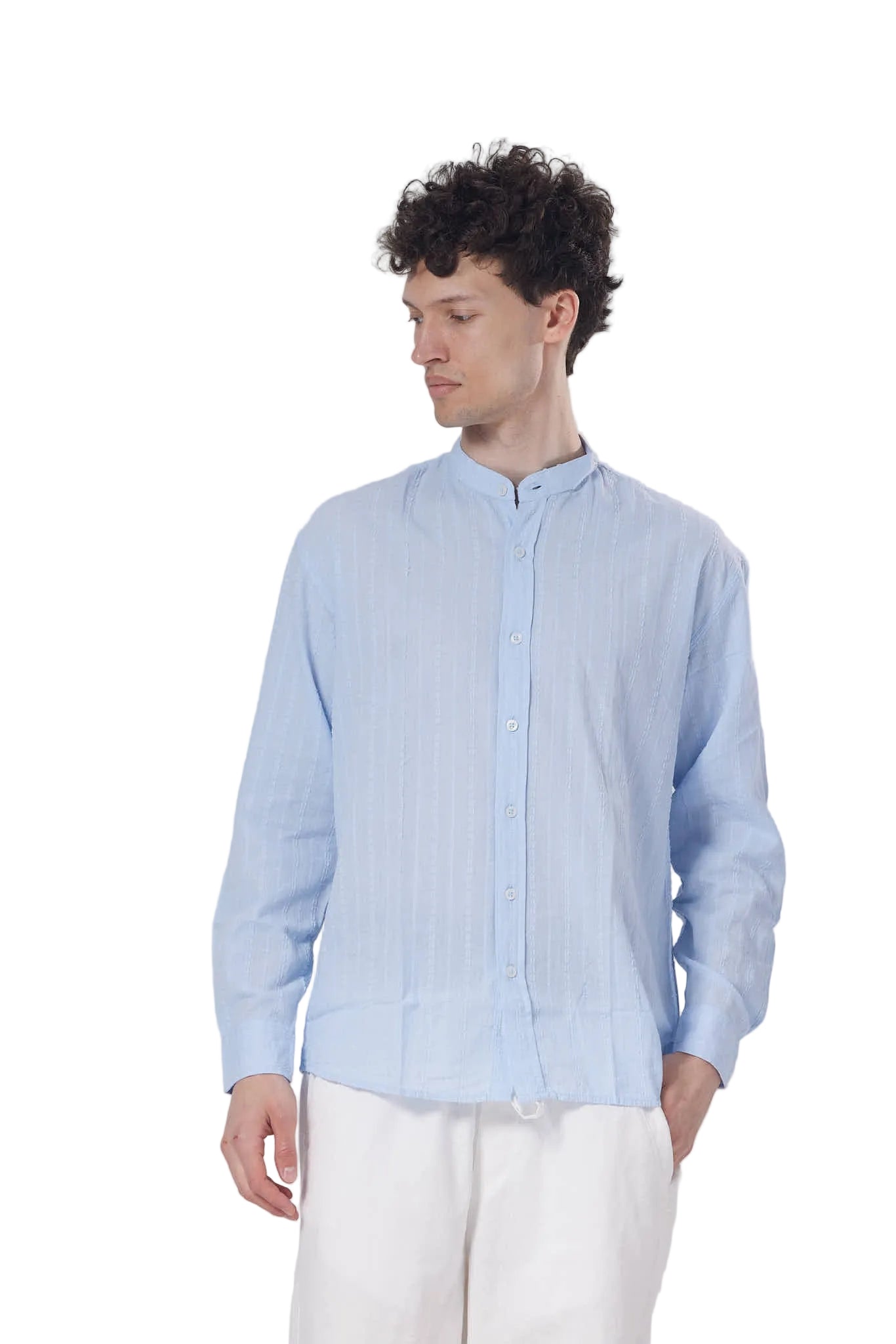 Textured Mandarin Collar Linen Blend Shirt