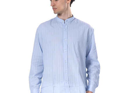 Textured Mandarin Collar Linen Blend Shirt - Baby Blue