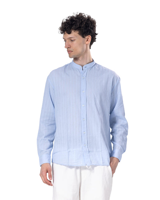 Textured Mandarin Collar Linen Blend Shirt - Baby Blue