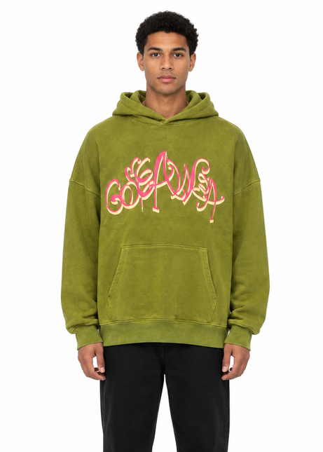 Olive Green Washed Graffiti Graphic Hoodie