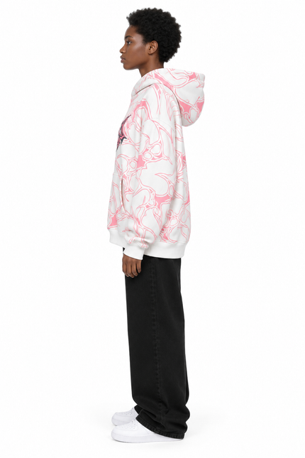 White & Pink Swirl Graphic Oversized Hoodie