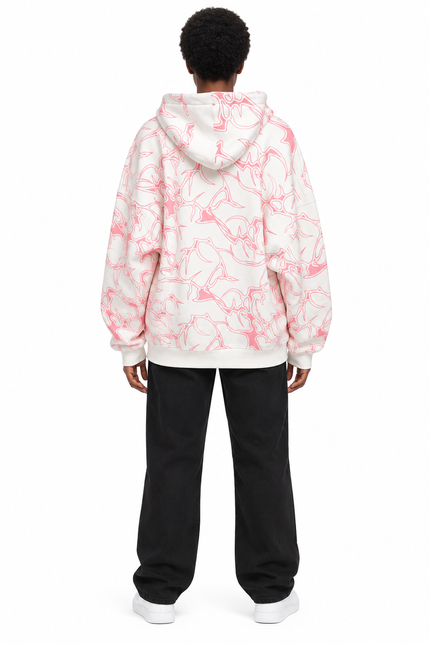 White & Pink Swirl Graphic Oversized Hoodie