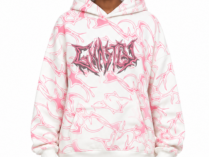 White & Pink Swirl Graphic Oversized Hoodie