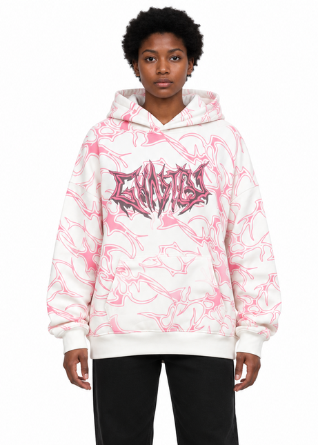 White & Pink Swirl Graphic Oversized Hoodie