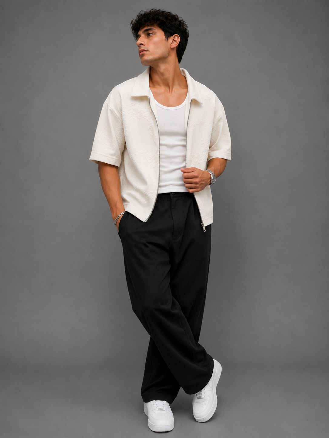 Textured Zip-Up Box Fit Shirt