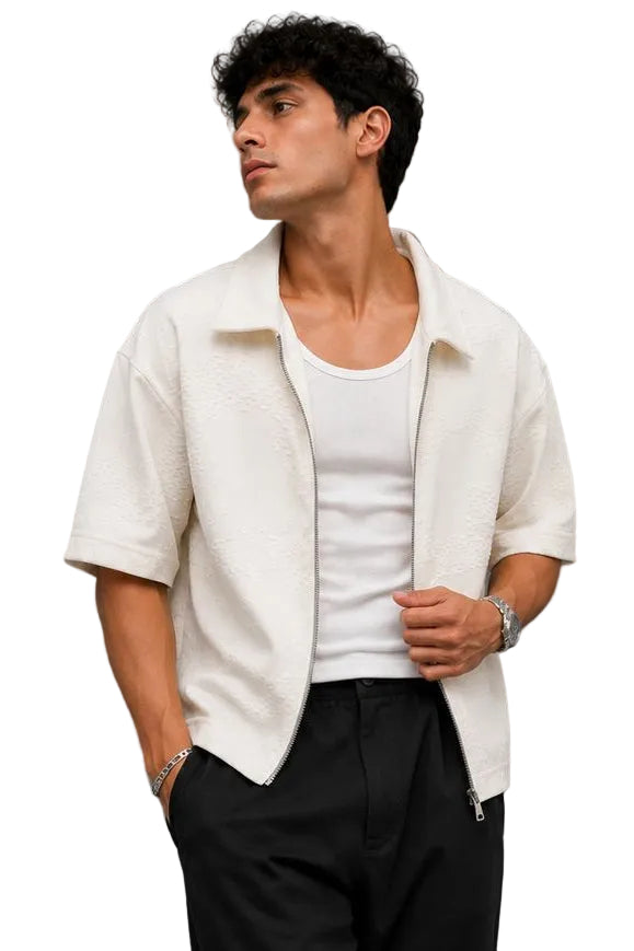 Textured Zip-Up Box Fit Shirt