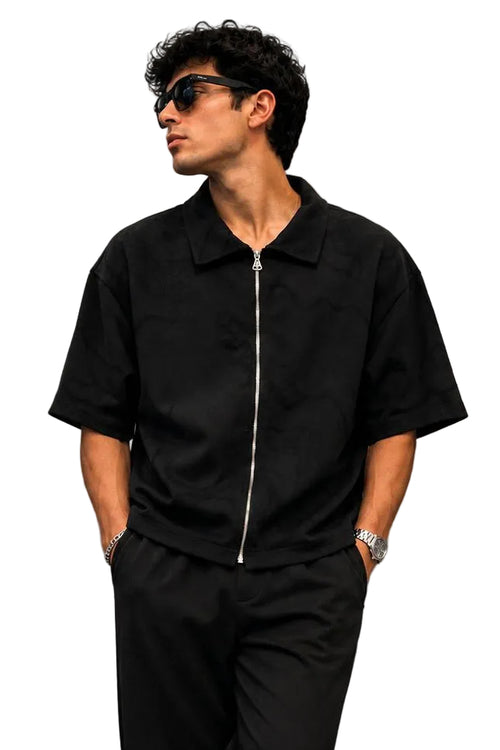 Textured Zip-Up Box Fit Shirt