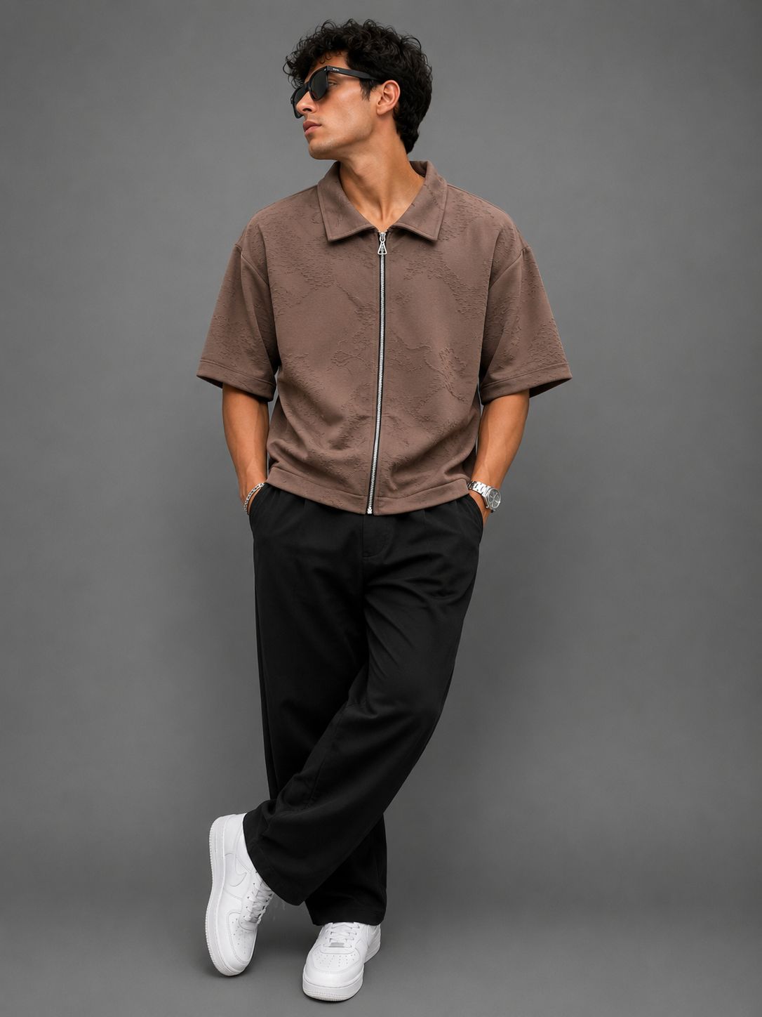 Textured Zip-Up Box Fit Shirt