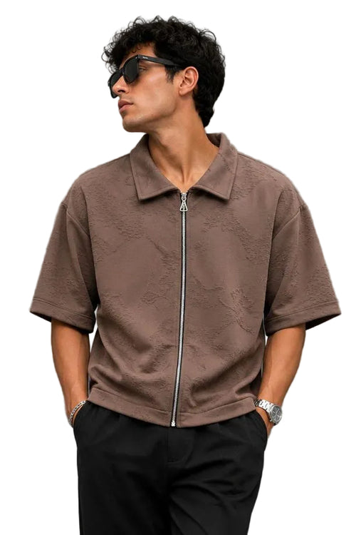 Textured Zip-Up Box Fit Shirt