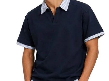 Contrast White and Light Blue Striped Collar Box Fit Polo T-Shirt