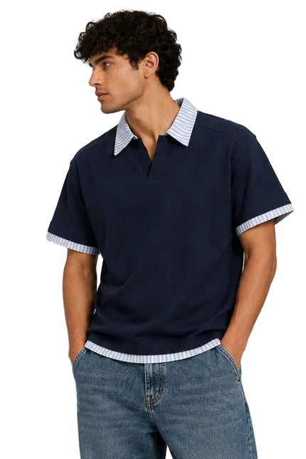 Contrast White and Light Blue Striped Collar Box Fit Polo T-Shirt