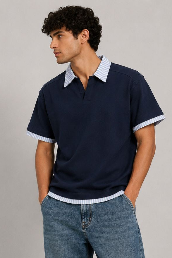 Contrast White and Light Blue Striped Collar Box Fit Polo T-Shirt