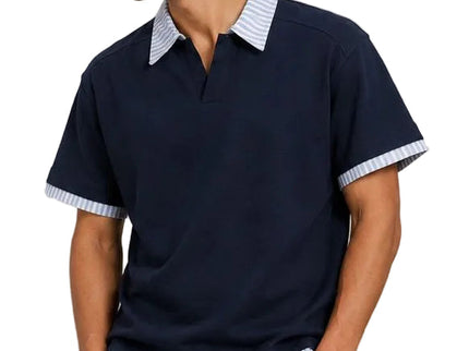 Contrast White and Light Blue Striped Collar Box Fit Polo T-Shirt