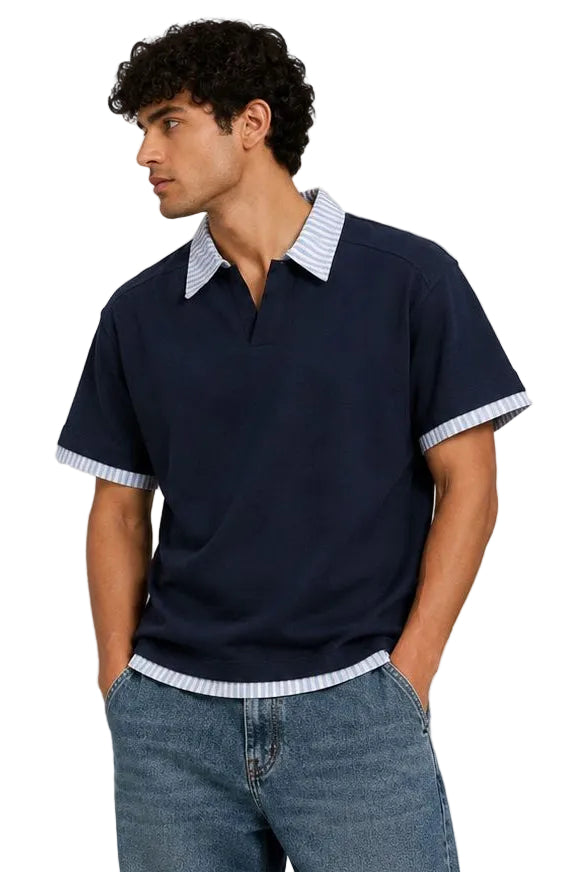 Contrast White and Light Blue Striped Collar Box Fit Polo T-Shirt