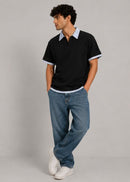 Contrast White and Light Blue Striped Collar Box Fit Polo T-Shirt