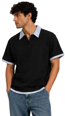 Contrast White and Light Blue Striped Collar Box Fit Polo T-Shirt