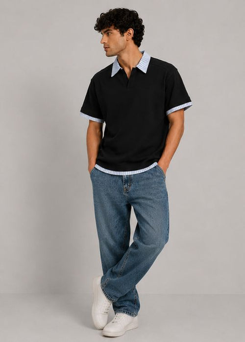 Contrast White and Light Blue Striped Collar Box Fit Polo T-Shirt