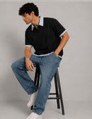 Contrast White and Light Blue Striped Collar Box Fit Polo T-Shirt