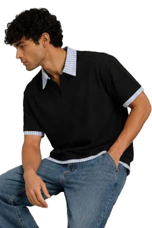 Contrast White and Light Blue Striped Collar Box Fit Polo T-Shirt