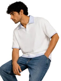 Contrast White and Light Blue Striped Collar Box Fit Polo T-Shirt