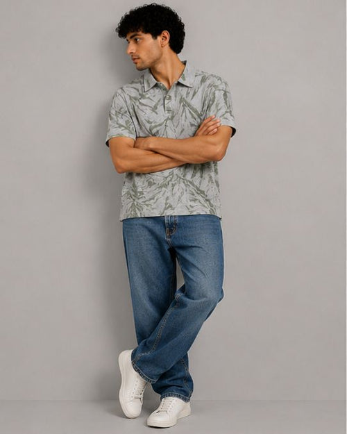 Tropical Leaf textured Oversized Polo T-Shirt