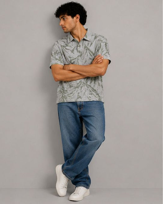 Tropical Leaf textured Oversized Polo T-Shirt