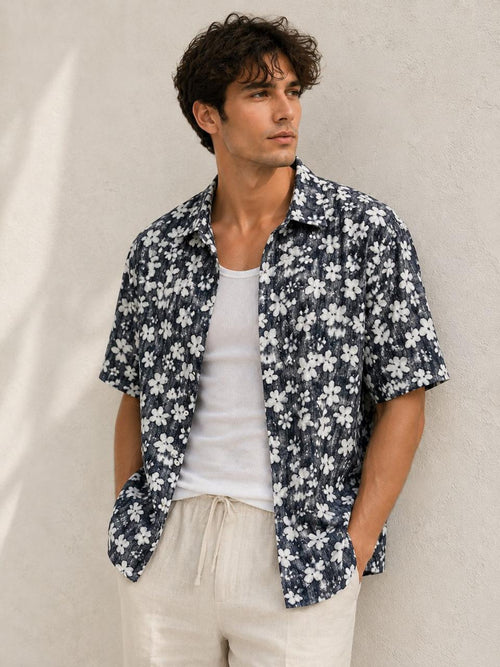 Floral Print Relaxed Resort Shirt – Black