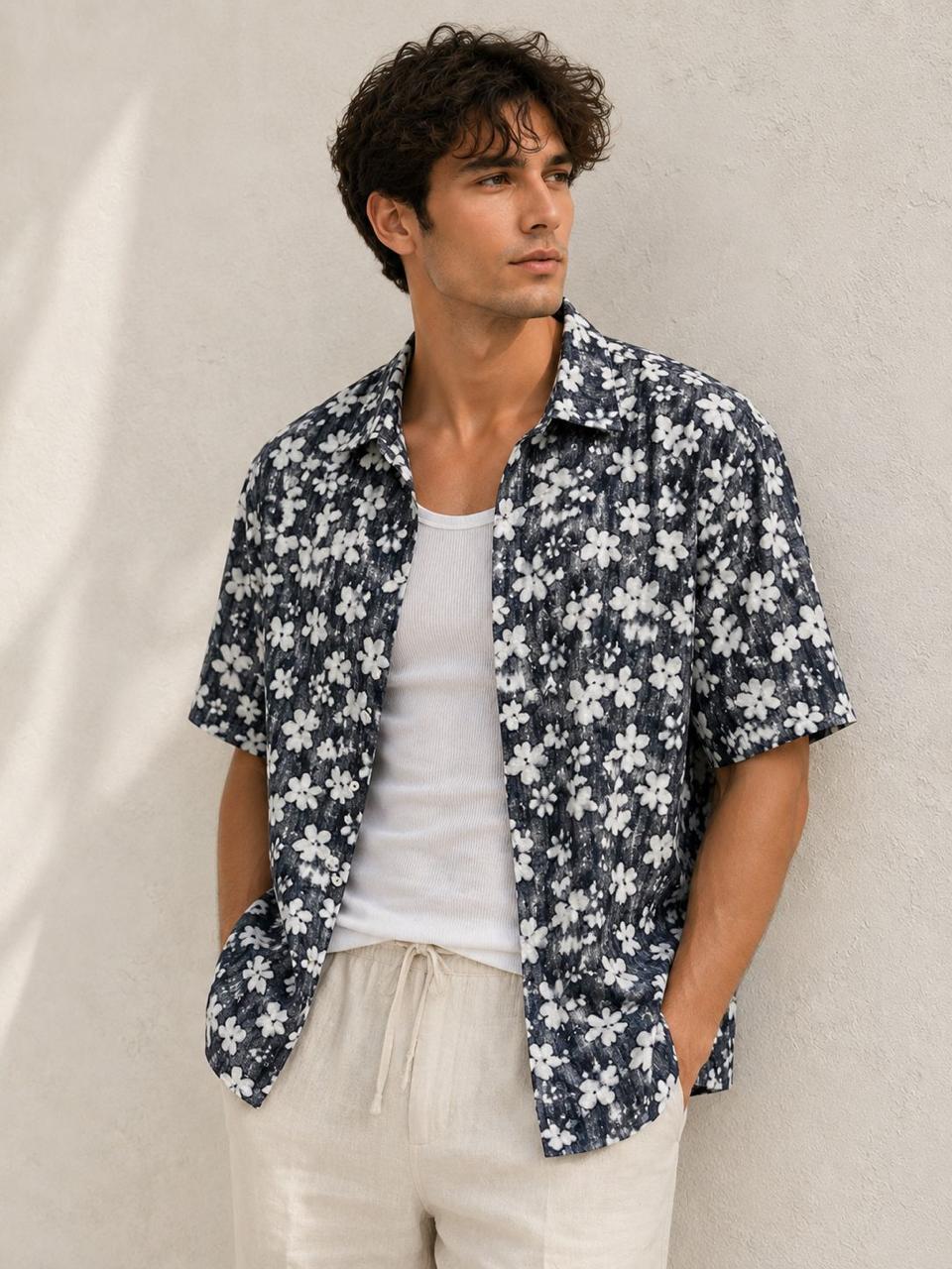 Floral Print Relaxed Resort Shirt – Black