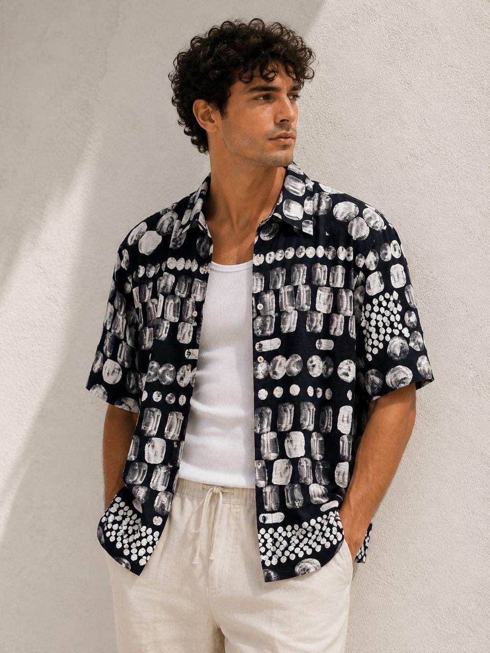 Abstract Pattern Relaxed Resort Shirt – Black