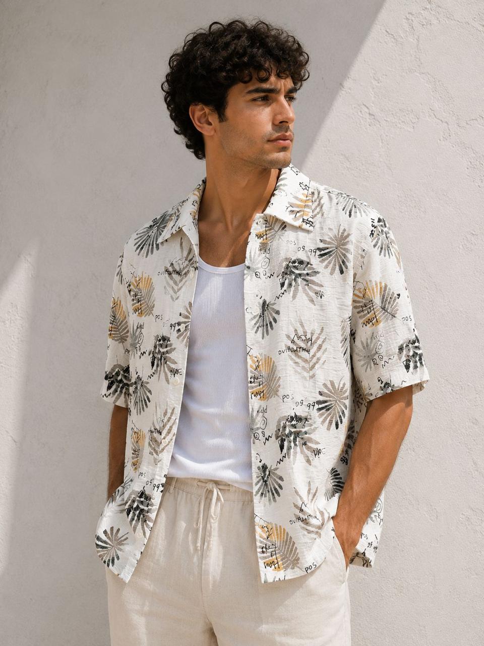 Tropical Sketch Print Relaxed Resort Shirt