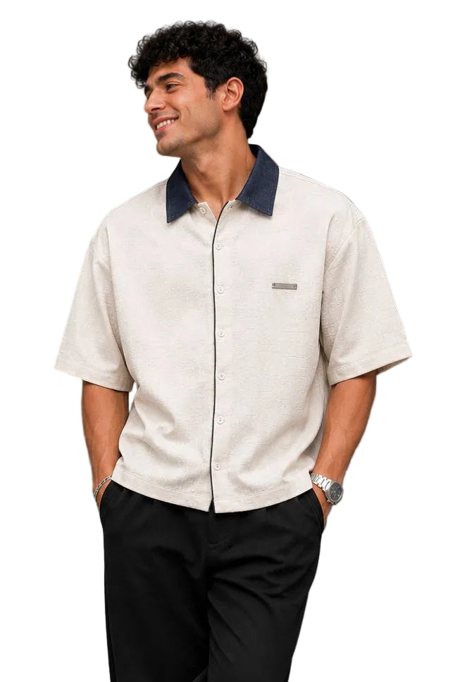 Contrast Collar Textured Shirt