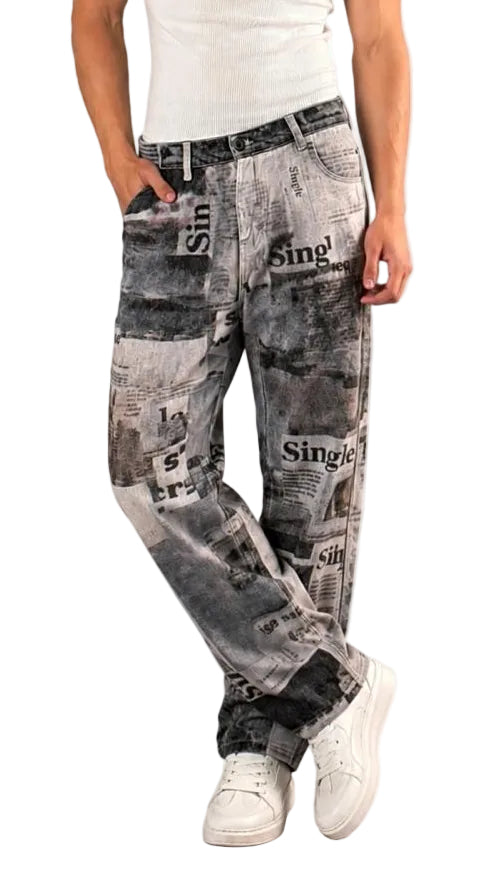 Vintage Newspaper Print Wide Leg Jeans